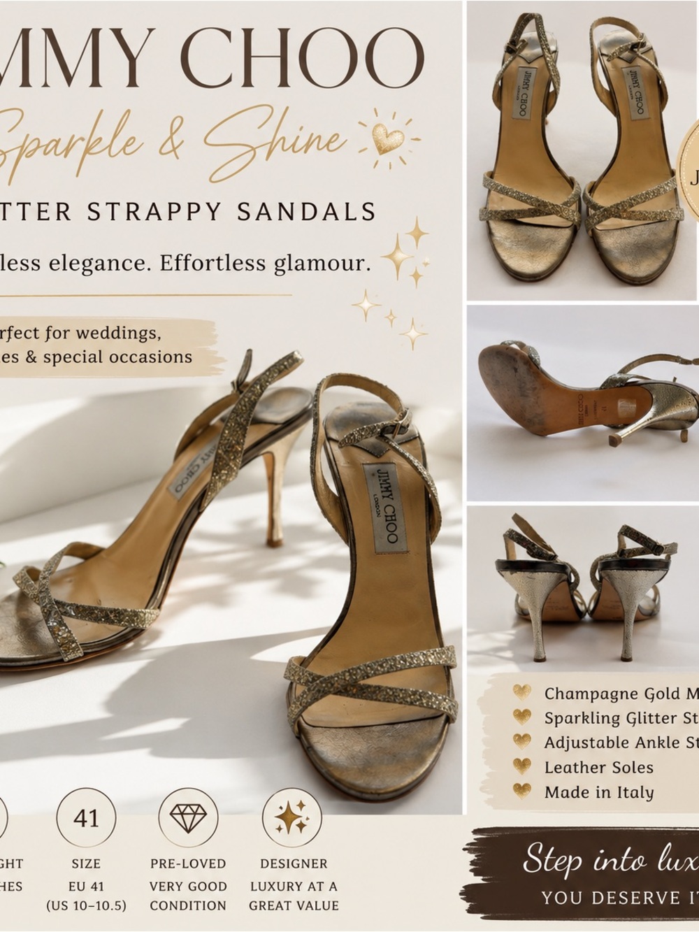 Jimmy Choo London Glitter Strappy Sandals Gold Champagne Heels Size 41